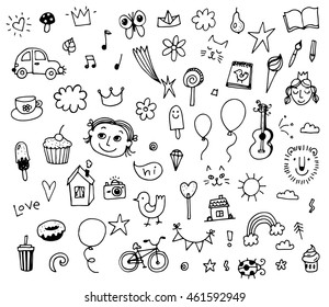 Set of various doodles, hand drawn children drawing sketches. Vector illustration isolated on white background