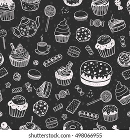 Set of various doodles, hand drawn sweets, cupcakes and candies sketches seamless chalkboard pattern