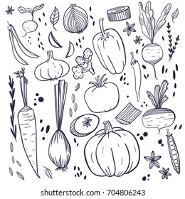 Set of various doodles, hand drawn rough simple sketches of different kinds of vegetables. Vector freehand illustration isolated on white background.