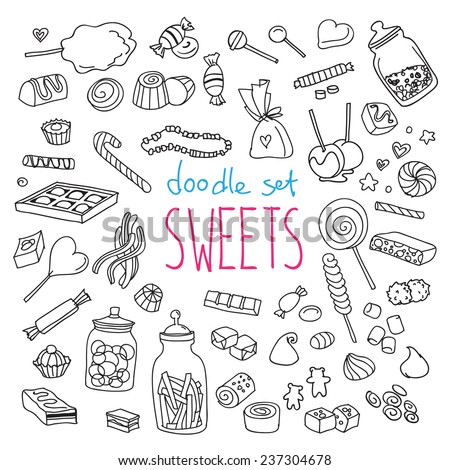 Set of various doodles, hand drawn rough simple sweets and candies sketches. Vector illustration isolated on white background 商業照片 © 