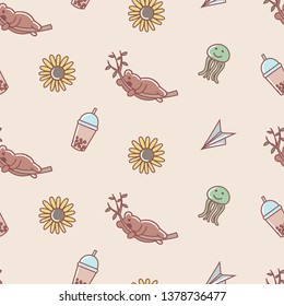 Set of various doodles, seamless pattern, koala, bubble tea, sunflower