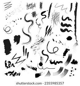 Conjunto de varios garabatos, trazos, arañazos, pinceladas, manchas. Conjunto vectorial de trazos negros de esgrima. Garabatos trazados a mano. Esbozos de lápiz negro, dibujos. Elementos de rastreo