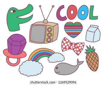 set of various doodles, teens, sticker, drawing, illustration