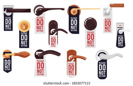 Set of various door handles with tag - do not disturb, flat vector illustration isolated on white background. Door knobs with warning entrance prohibiting label.