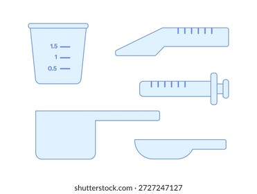 Conjunto de vários medidores de dose para medicamentos líquidos: xícara, colheres, seringa.