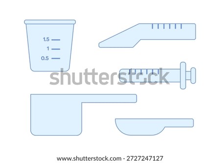 Set of various dose measurers for liquid medications: cup, spoons, syringe.