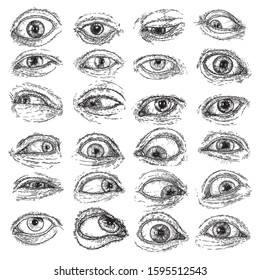 Set of various drawing of the human eye in different direction and emotion. All seeing eye, the symbol of the Masons as an option design element. Man vision. Vector.