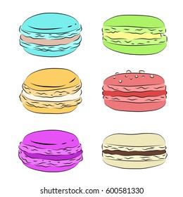 Set of various drawing multicolored macaroons. Vector element for your creativity