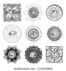 Set of various drawings of the All Seeing Eye in different directions and emotions. The symbol of the Masons as an option design element. Human vision. Vector.
