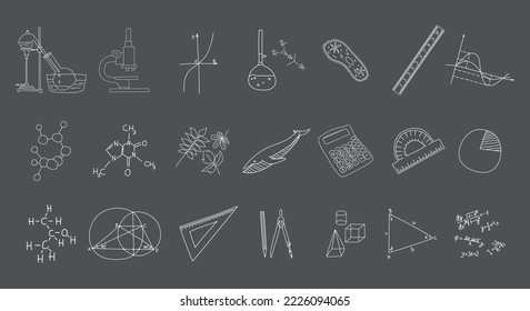 A set of various drawings on the blackboard. Scientific icons in doodle style.