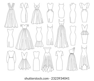 Conjunto de varios vestidos. Ilustración vectorial. Moda, estilo, ropa.