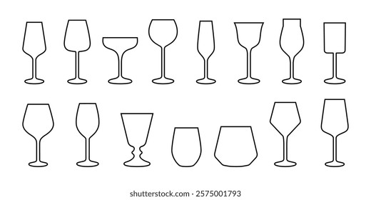 Set of various drink glasses icons. Wineglass icon vector. Set of different glasses line icons.