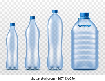 Set of various drinking water plastic bottles with caps, realistic vector illustration isolated on transparent background. Water empty flasks of different shapes.