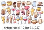 Set of various drinks in doodle style with coffee, tea, cocktails, juice, beer, and soft drinks. Bright hand drawn beverages for cafe menu or bar decor. Drinks set vector illustration.