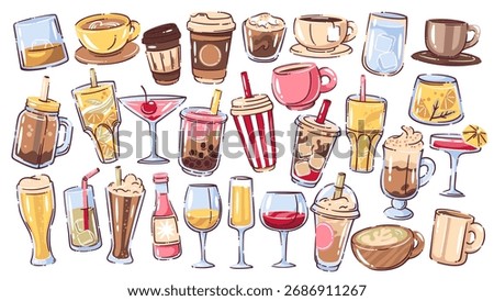 Set of various drinks in doodle style with coffee, tea, cocktails, juice, beer, and soft drinks. Bright hand drawn beverages for cafe menu or bar decor. Drinks set vector illustration.