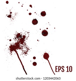 Set of various dripping blood splashes, collection of dripping drops and trail blood paint splatters on white background. All elements are not grouped. 