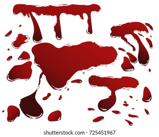 Set of various dripping blood splashes,collection of dripping drops and trail blood paint splatters on white background,Halloween blood vector concept
