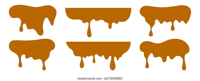 Conjunto de varios bordes líquidos de goteo y fusión. Colección con gotas de pintura, o chocolate derretido, siluetas de Vector de jarabe