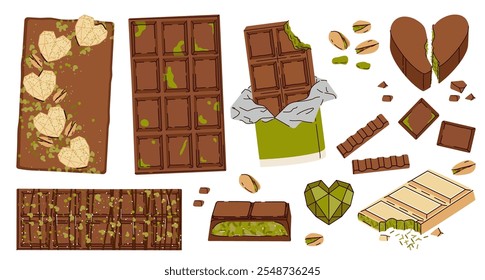 Set of various Dubai chocolate with pistachio and kataifi dough. White and milk chocolate with pistachio paste filling. Vector illustration of trending pistachio chocolate bars green filling flavor