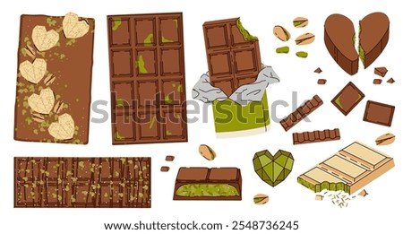 Set of various Dubai chocolate with pistachio and kataifi dough. White and milk chocolate with pistachio paste filling. Vector illustration of trending pistachio chocolate bars green filling flavor