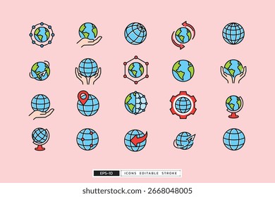 Eine Reihe verschiedener Symbole für Erdverbindungen und globale Verbindungen, Illustrationen, die globale Konzepte, Netzwerke und die Erde darstellen.