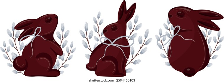 set with various Easter chocolate bunnies in different poses with gray ribbons and willow branches, for Easter designs