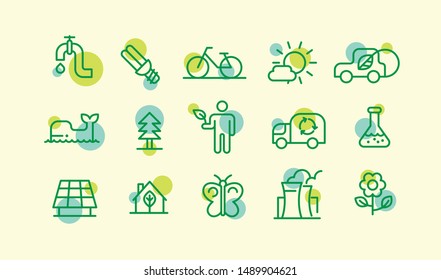 Set Of Various Ecology Icons In Outline Drawing Style. Vector Illustration.