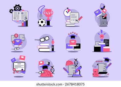 Set of various educational icons including books, sports, awards, and learning tools, illustrating themes of knowledge, achievement, and academic engagement