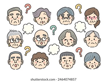 Set of various elderly people face icons with question mark