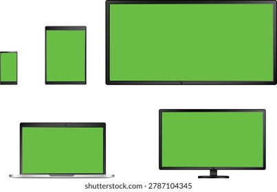 Set of various electronic device screens showing green display in minimalist flat vector style illustration.Increasing screen sizes collection with green displays in flat design vector illustration