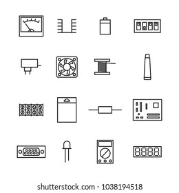 Set of various electronic and radio components of the thin lines, isolated on white background. Flat style, vector illustration.