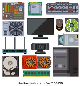 Set Of Various Electronics Devices Computer Parts Vector.