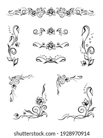 Set of various elegant floral text dividers and frame corners with roses, buds, and flourishes. Hand-drawn ornate design elements for decoration, prints