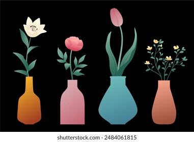 
Set von verschiedenen eleganten Blumen in Vasen. Vektorgrafik minimalistische Illustration mit Farbverläufen auf schwarzem Hintergrund. Pfingstrose, Tulpe, Lilie, blühende Äste.