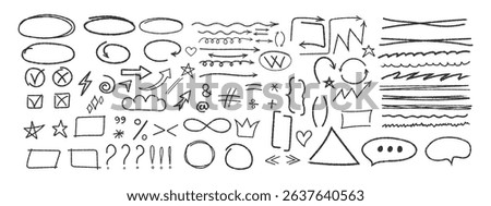 Set of various elements, arrows, symbols, punctuation marks, asterisks, underlines, crossings drawn with chalk or pencil. Vector elements strokes in pencil or charcoal bubbles wavy lines, swoosh.