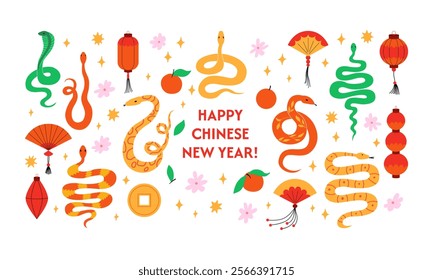 Set of various elements of chinese lunar new year and snakes. Zodiac symbols of the new year. Vector flat illustration