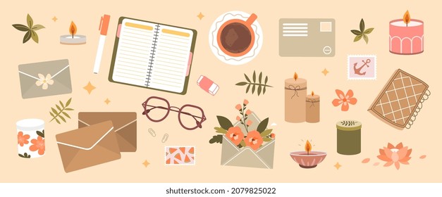 Set of various elements. Collection of pictures with household items. Moving, boxes, everyday stuff. Glasses, diary, coffee, pen. Cartoon flat vector ilustrations isolated on beige background