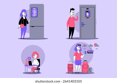 Set of various elements of home automation. Woman interacting with smart fridge, while man using video doorbell. Another woman sitting at table, and traveler managing luggage with ease