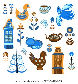 Set of various elements of Nordic folk culture including houses, stylised plants, birds, teapot and cup in blue and yellow-brown colours