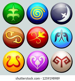 Set of various elements of Turkic ornaments inscribed in multicolored circles.