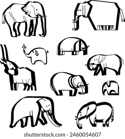 Set of various elephants on a white background. Lots of cute, black and white elephant images for your stickers.