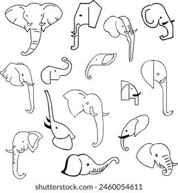 Set of various elephants on a white background. Lots of cute, black and white elephant images for your stickers.