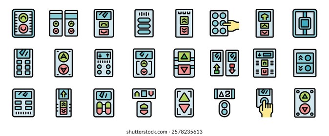 Set of various elevator button designs in a colorful, minimalist style