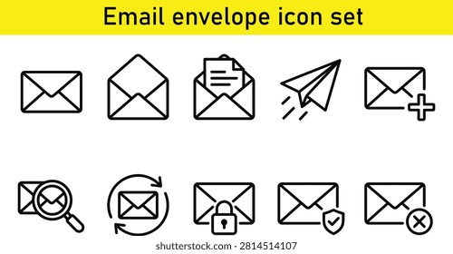 Set of various email envelope icons with different actions and statuses