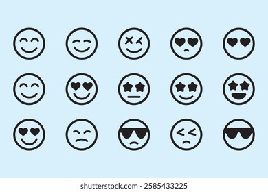 Set of various emoji faces on a light blue background