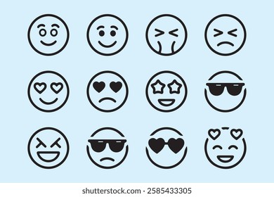 Set of various emoji faces on a light blue background