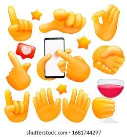 Set Of Various Emoji Yellow Hand Icons With Wineglass, Smartphone Different Gestures. 3d Cartoon Style. Vector Illustration