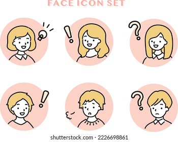 A set of various emotional expressions and icons of men and women