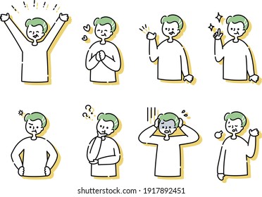 A set of various emotional expressions and poses for senior men (upper body)