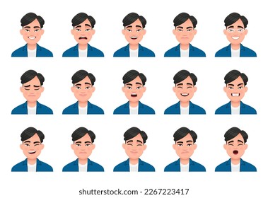 Conjunto de diversas emociones de un hombre chino. Expresión facial. Alegría, sonrisa, felicidad, rabia, tristeza, sorpresa, miedo, etc. Ilustración vectorial al estilo de las caricaturas.